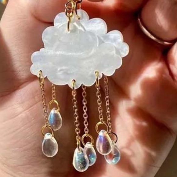 MOTHER OF PEARL CLOUD W/ CRYSTAL RAINDROPS LONG DANGLY EARRINGS 54 - Picture 2 of 2